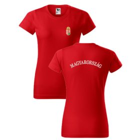 Címer + MAGYARORSZÁG piros, NŐI hímzett póló XS