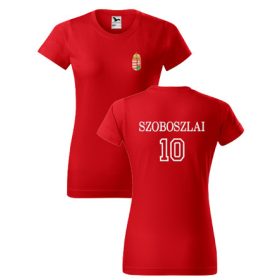 Címer + SZOBOSZLAI piros, hímzett NŐI póló XS