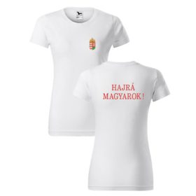 Címer + HAJRÁ MAGYAROK fehér, hímzett NŐI póló XS