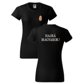 Címer + HAJRÁ MAGYAROK fekete, hímzett NŐI póló XS