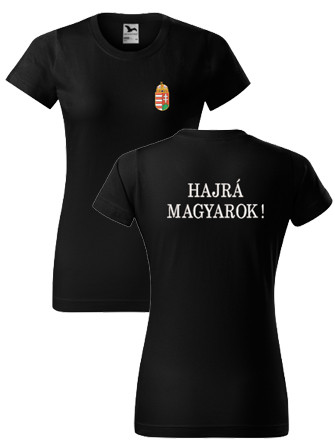  Címer és HAJRÁ MAGYAROK fekete hímzett női póló 3XL – női magyar válogatott szurkolói póló
