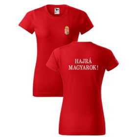 Címer + HAJRÁ MAGYAROK piros, hímzett NŐI póló XS