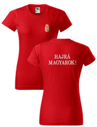  Címer és HAJRÁ MAGYAROK piros hímzett női póló XL – női magyar válogatott szurkolói póló