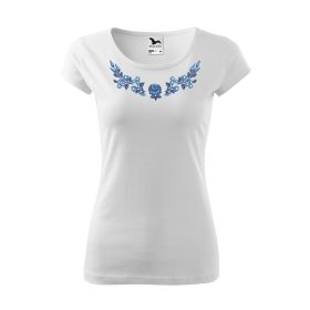   Hímzett, kalocsai mintás női, környakú fehér póló kék mintával XS