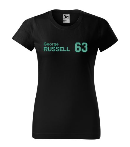 Hímzett Forma-1 póló + RUSSELL fekete-türkiz, női S – egyedi Forma-1 ajándékötlet George Russell rajongóknak 
