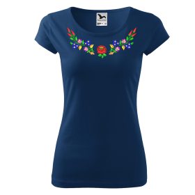   Hímzett, kalocsai mintás környakú éjkék póló színes mintával XS