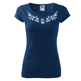   Hímzett, kalocsai mintás környakú éjkék póló kék-fehér mintával XS