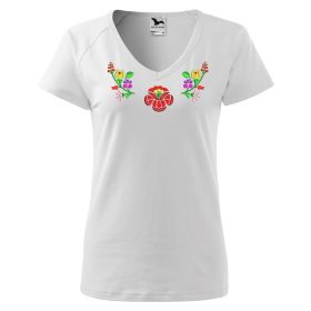   "V" nyakú hímzett magyaros póló, női fehér színes mintával XS