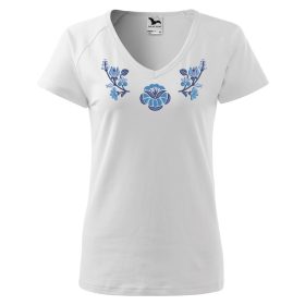   "V" nyakú hímzett magyaros póló, női fehér kék mintával XS