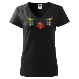   "V" nyakú hímzett magyaros póló, női fekete színes mintával XS