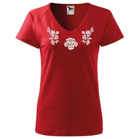   "V" nyakú hímzett magyaros póló, női piros fehér mintával XS