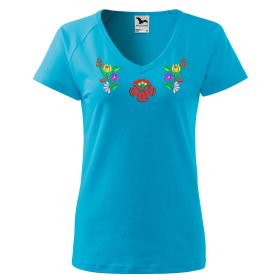   "V" nyakú hímzett magyaros póló, női türkizkék színes mintával XS