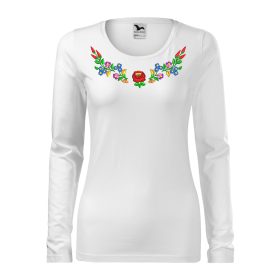   Hímzett, kalocsai mintás női, hosszúujjú fehér póló színes mintával XS