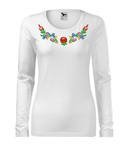 Hímzett, kalocsai mintás női, hosszúujjú fehér póló színes mintával M