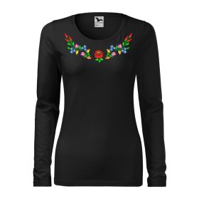   Hímzett, kalocsai mintás női, hosszúujjú fekete póló színes mintával XS