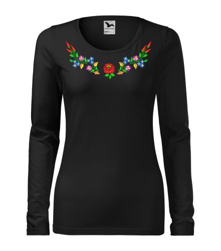 Hímzett, kalocsai mintás női, hosszúujjú fekete póló színes mintával S