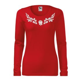   Hímzett, kalocsai mintás női, hosszúujjú piros póló fehér mintával XS