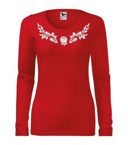 Hímzett, kalocsai mintás női, hosszúujjú piros póló fehér mintával S