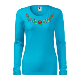   Hímzett, kalocsai mintás női, hosszúujjú türkizkék póló színes mintával XS