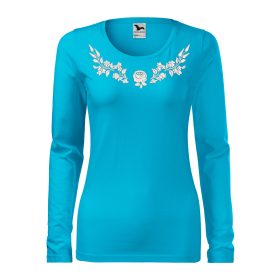   Hímzett, kalocsai mintás női, hosszúujjú türkizkék póló fehér mintával XS