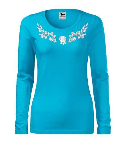Hímzett, kalocsai mintás női, hosszúujjú türkizkék póló fehér mintával M