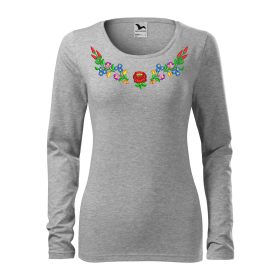   Hímzett, kalocsai mintás női, hosszúujjú világos szürke póló színes mintával XS