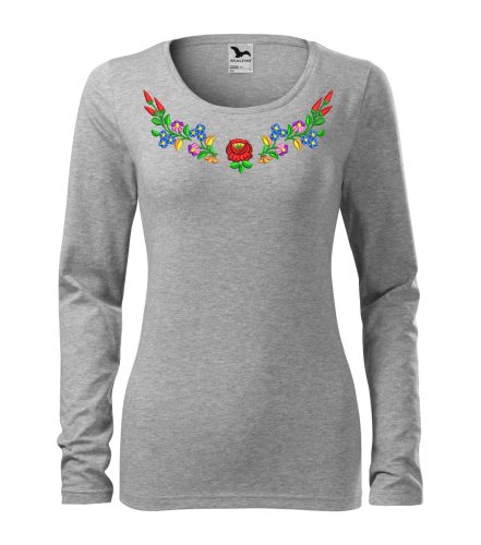 Hímzett, kalocsai mintás női, hosszúujjú világos szürke póló színes mintával XS