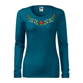   Hímzett, kalocsai mintás női, hosszúujjú petrolkék póló színes mintával XS