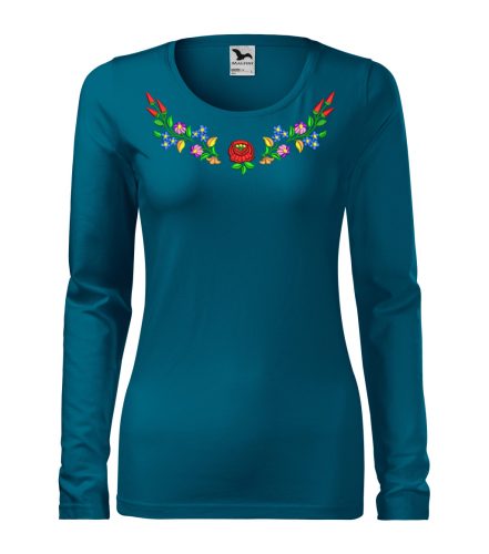 Hímzett, kalocsai mintás női, hosszúujjú petrolkék póló színes mintával XS