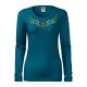 Hímzett, kalocsai mintás női, hosszúujjú petrolkék póló színes mintával M