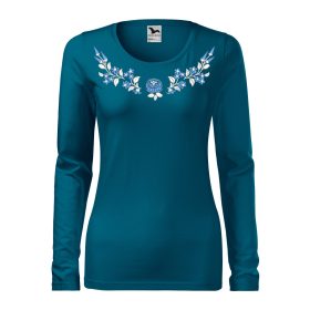   Hímzett, kalocsai mintás női, hosszúujjú petrolkék póló kék-fehér mintával XS