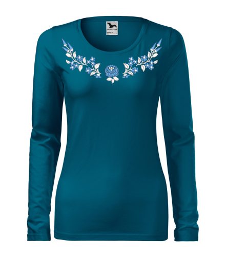 Hímzett, kalocsai mintás női, hosszúujjú petrolkék póló kék-fehér mintával XL