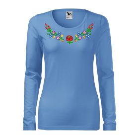   Hímzett, kalocsai mintás női, hosszúujjú égszínkék póló színes mintával XS