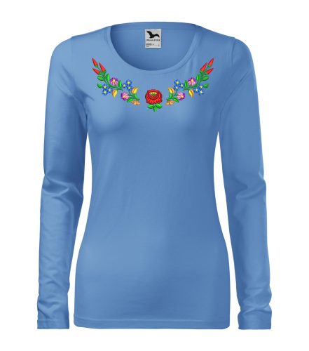 Hímzett, kalocsai mintás női, hosszúujjú égszínkék póló színes mintával XL