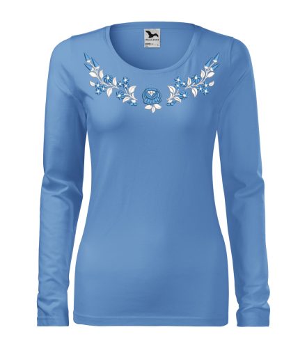 Hímzett, kalocsai mintás női, hosszúujjú égszínkék póló kék-fehér mintával XL