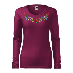   Hímzett, kalocsai mintás női, hosszúujjú bíbor póló színes mintával XS