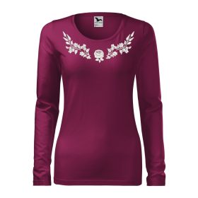   Hímzett, kalocsai mintás női, hosszúujjú bíbor póló fehér mintával XS