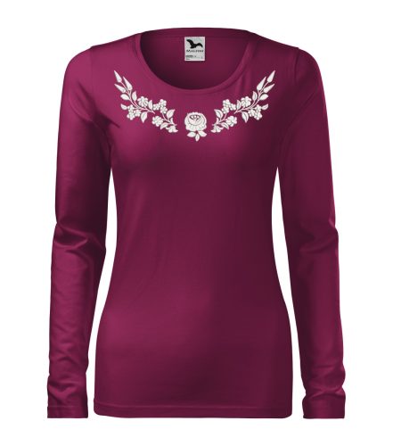 Hímzett, kalocsai mintás női, hosszúujjú bíbor póló fehér mintával M