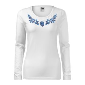   Hímzett, kalocsai mintás női, hosszúujjú fehér póló kék-fehér mintával XS