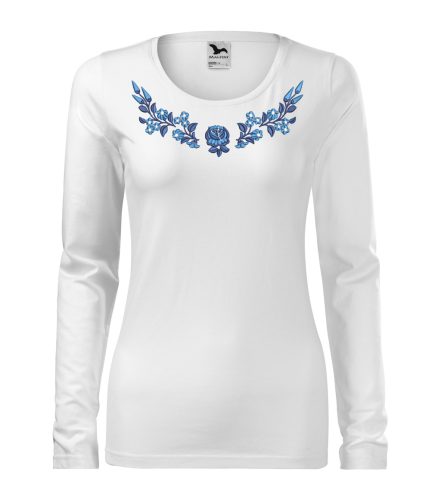 Hímzett, kalocsai mintás női, hosszúujjú fehér póló kék-fehér mintával XL