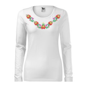   Hímzett, matyó mintás női, hosszúujjú fehér póló színes mintával XS