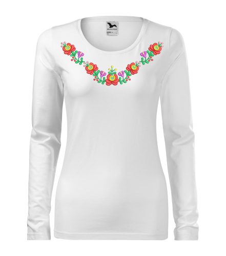 Hímzett, matyó mintás női, hosszúujjú fehér póló színes mintával 2XL