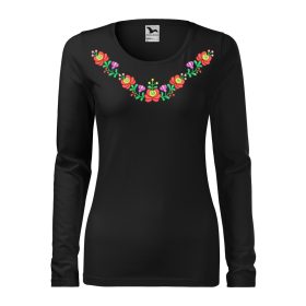   Hímzett, matyó mintás női, hosszúujjú fekete póló színes mintával XS