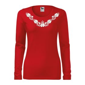   Hímzett, matyó mintás női, hosszúujjú piros póló fehér mintával XS