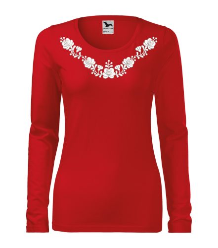 Hímzett, matyó mintás női, hosszúujjú piros póló fehér mintával L