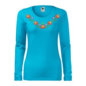   Hímzett, matyó mintás női, hosszúujjú türkizkék póló színes mintával XS