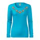 Hímzett, matyó mintás női, hosszúujjú türkizkék póló színes mintával XS