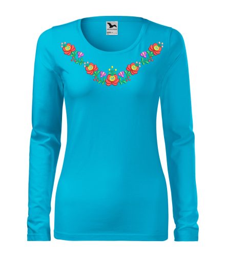 Hímzett, matyó mintás női, hosszúujjú türkizkék póló színes mintával XL