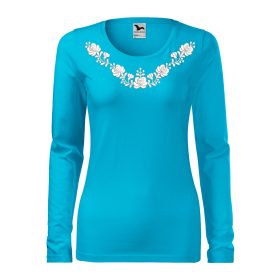   Hímzett, matyó mintás női, hosszúujjú türkizkék póló fehér mintával XS