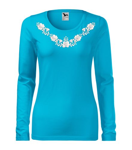 Hímzett, matyó mintás női, hosszúujjú türkizkék póló fehér mintával L